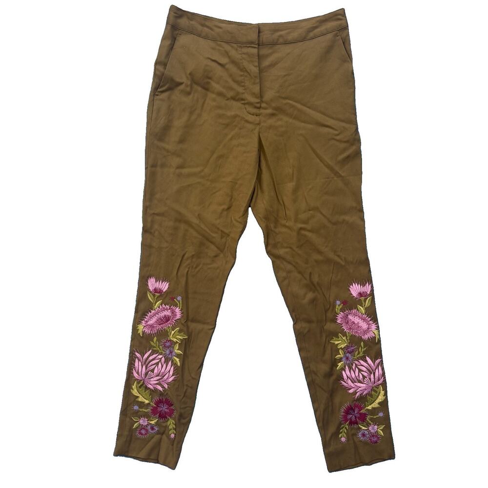 NWT Josie Natori Olive Green Dress Pant Embroidered Flower Size 8 MSRP $695